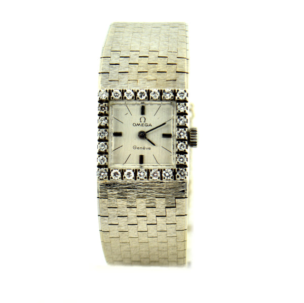 Vintage 18 Karat White Gold Omega Geneve Ladies Diamond Watch - Jewelry Works