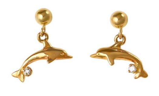 30749D - DANGLING DOLPHIN POST EARRINGS WITH DIAMOND - Jewelry Works
