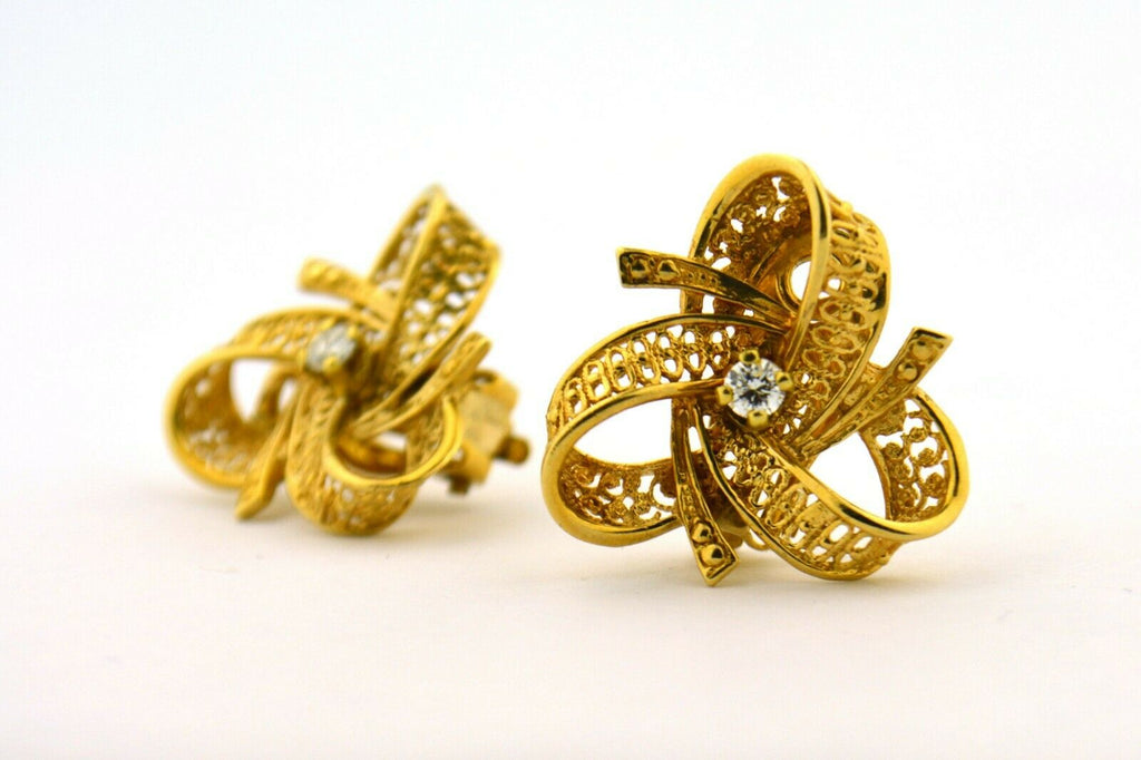 Vintage Mid Century Diamond Bow 14K Yellow Gold Filigree Earrings VS F .18cttw - Jewelry Works