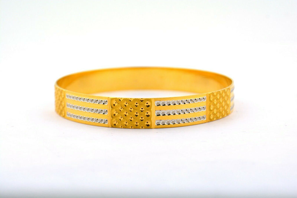 22K Two-Tone Patterned Bangle Bracelet Diamond-Like Cut 10MM Wide 28.6g - Jewelry Works