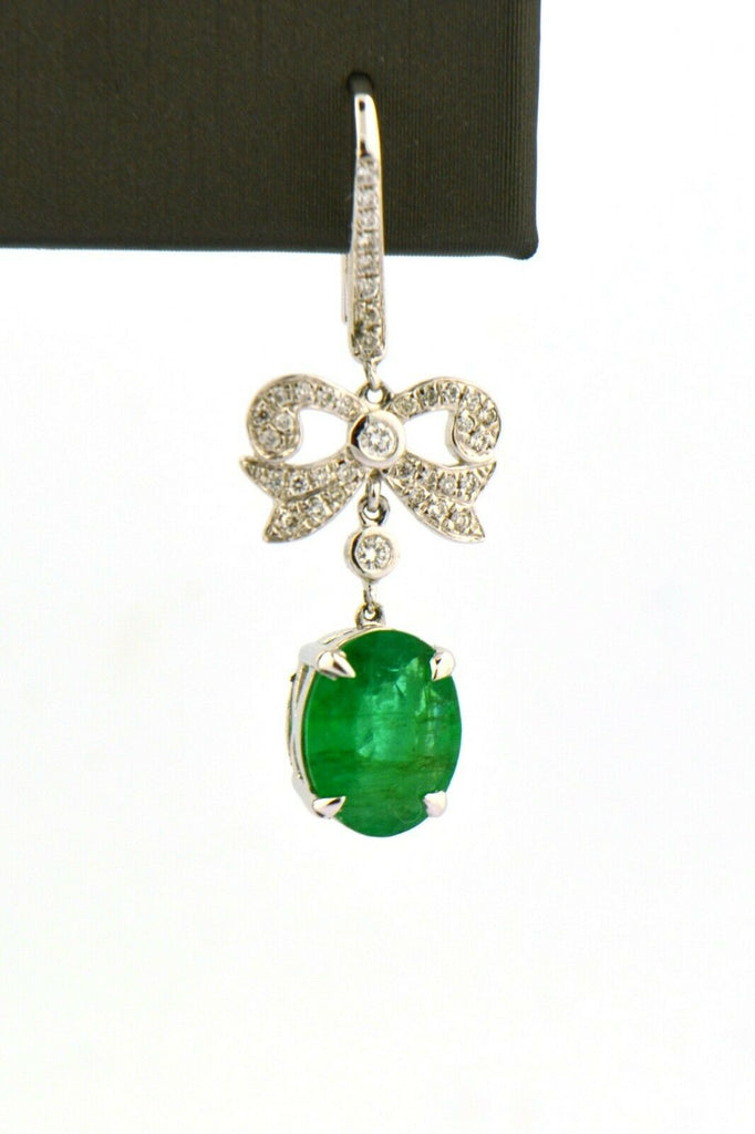 Antique 18KW European/Single Cut Diamond Bow Drop Earrings 3cttw Green Emeralds - Jewelry Works