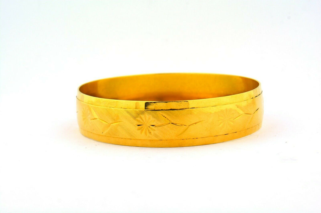 21 Karat Yellow Gold Flower Pattern Bangle Bracelet Solid 31.4g 15mm - Jewelry Works