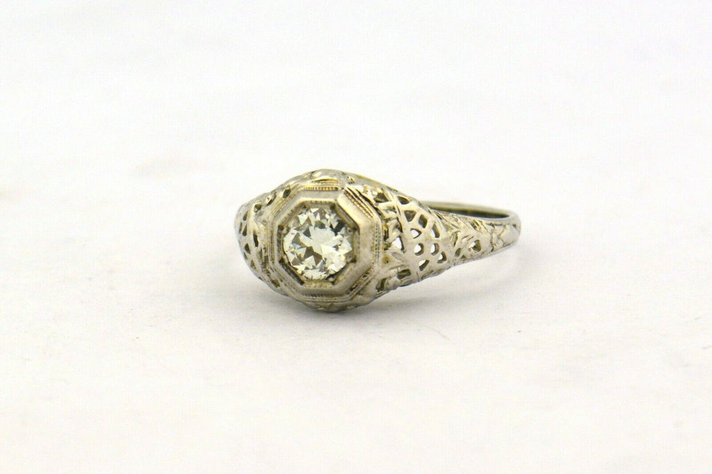 Antique Edwardian Era Old European Cut Diamond 14KW Gold Filigree Ring .33ct - Jewelry Works