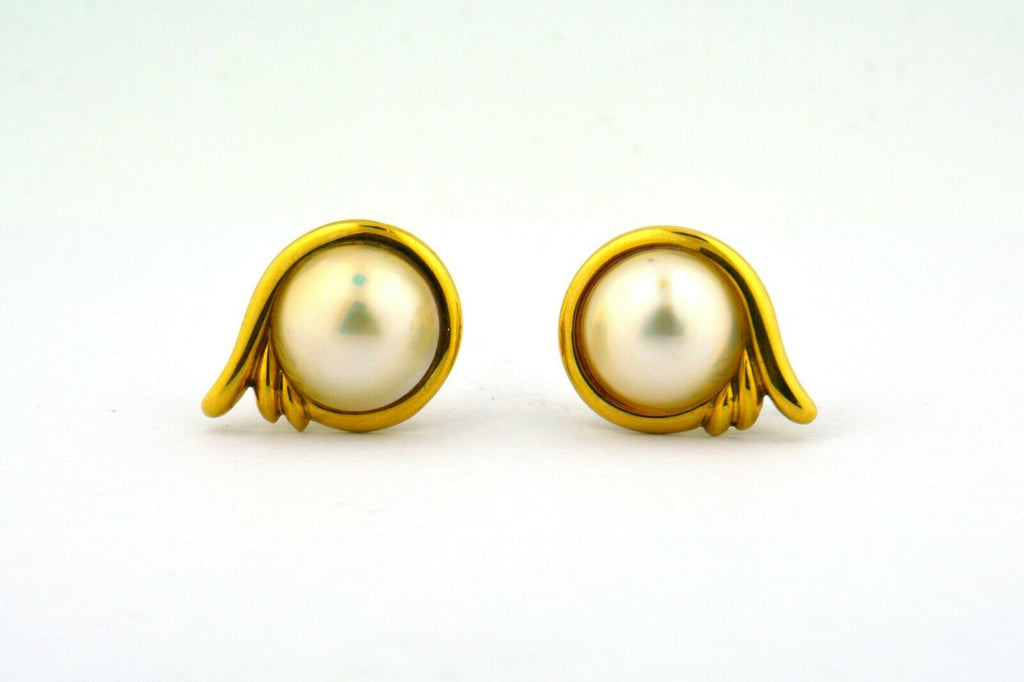 14KY 14.5mm Natural Large Mabe Pearl Earrings with Omega Backs 9.4g High Luster - Jewelry Works