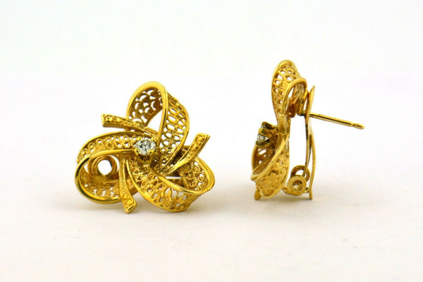 Vintage Mid Century Diamond Bow 14K Yellow Gold Filigree Earrings VS F .18cttw - Jewelry Works