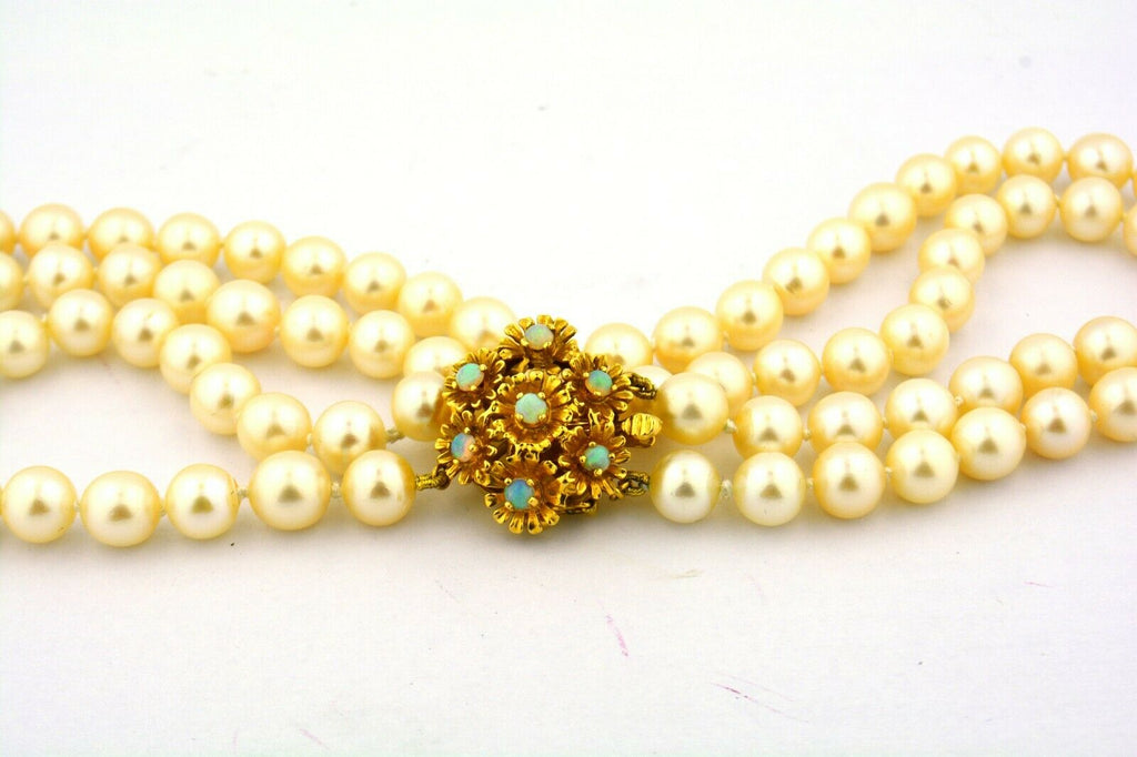 Vintage 17in 2-Strand 7-8MM Near Round Freshwater Pearl Necklace 14KY Opal Clasp - Jewelry Works