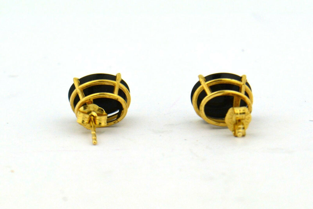 14KY 10x8 Oval Black Onyx Post Earrings 1.7G Four Prong Basket & Friction Backs - Jewelry Works