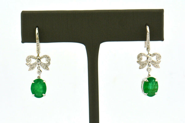 Antique 18KW European/Single Cut Diamond Bow Drop Earrings 3cttw Green Emeralds - Jewelry Works