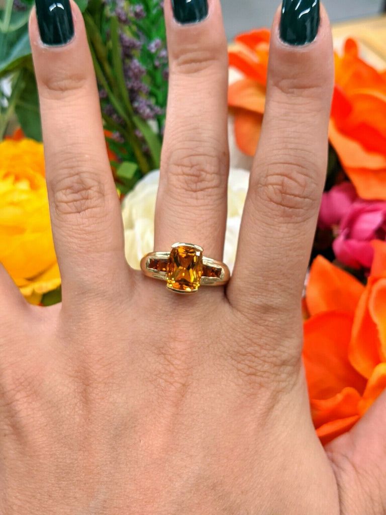 14KY Gold 2.5CTTW Cushion Citrine Ring with Channel Set Accents 4.6G Size 9 - Jewelry Works