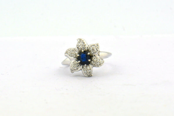 Vintage White Gold Blue Sapphire and Diamond Flower Ring 5 grams