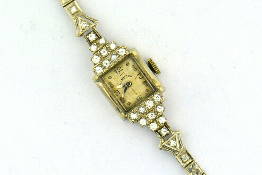 14KW Antique Gold Ladies Art Deco .95cttw Diamond Hamilton Wrist Watch Man Wind - Jewelry Works