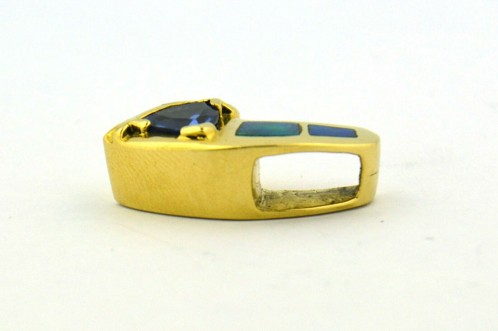 14K Yellow Gold Handmade Natural Opal, Diamond, Tanzanite Slide Pendant - Jewelry Works