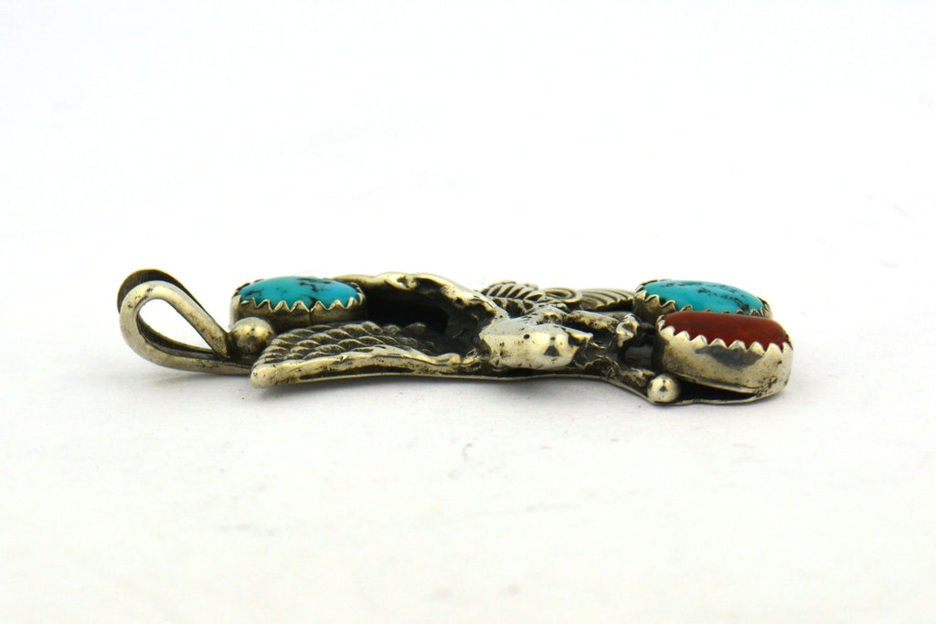 Sterling Silver Native American Pendant Coral and Turquoise Eagle Signed TD Active - Jewelry Works