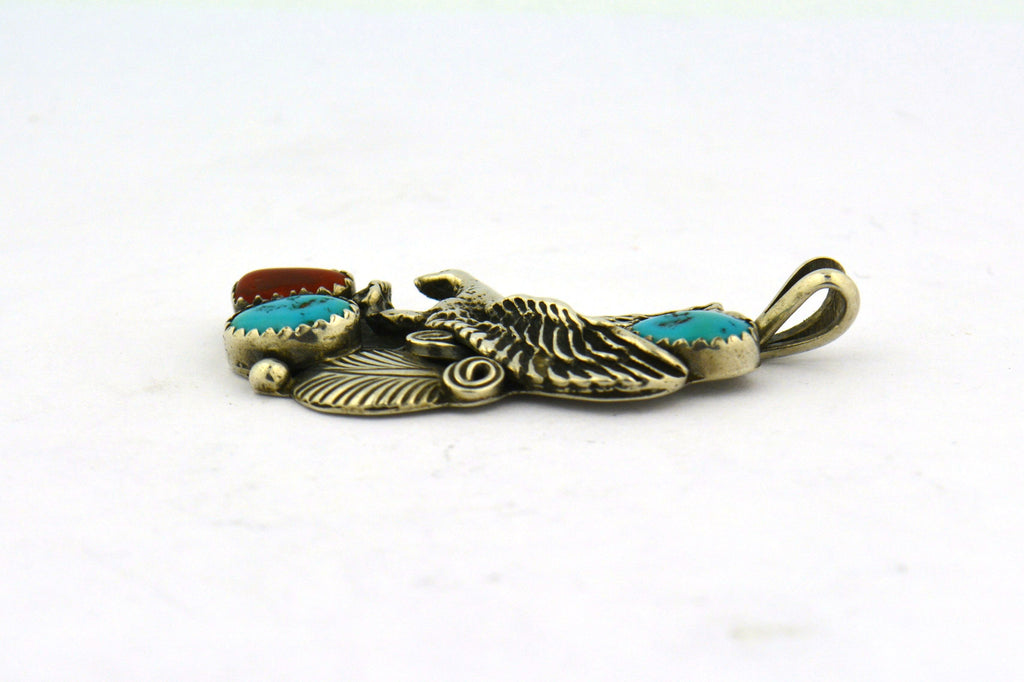 Sterling Silver Native American Pendant Coral and Turquoise Eagle Signed TD Active - Jewelry Works
