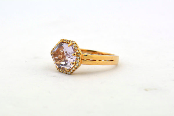 Unique 14K Rose Gold 3.79CT Custom Cut Pink Amethyst Ring 0.16CTTW Diamond Halo - Jewelry Works