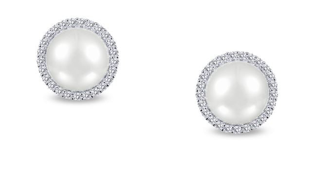 Freshwater Pearl and Simulated Diamond Post Halo Earrings E0235PLP - Jewelry Works