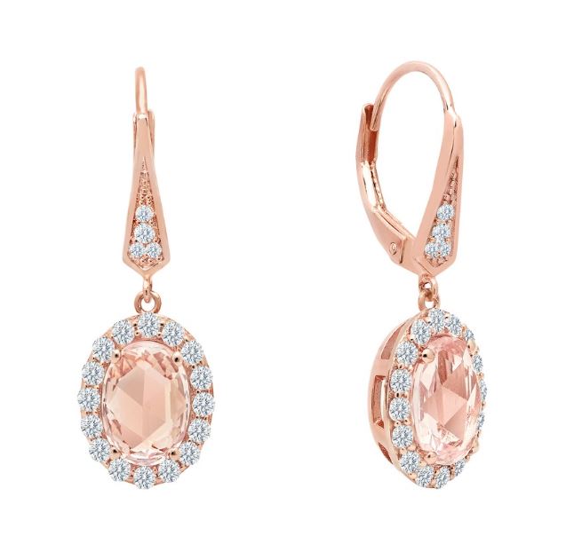 Leverback Simulated Morganite Oval Halo Earrings E0295MGR - Jewelry Works
