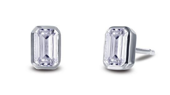 Bezel Set Simulated Emerald Cut Diamond Stud Earrings E0350CLP - Jewelry Works