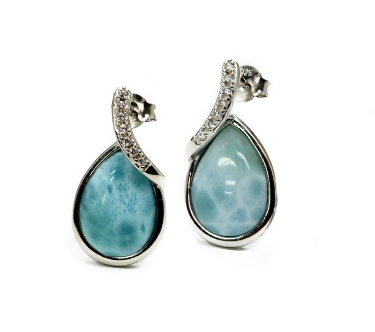 Larimar Earrings 10X14mm Pear Shape with White Sapphire Accents