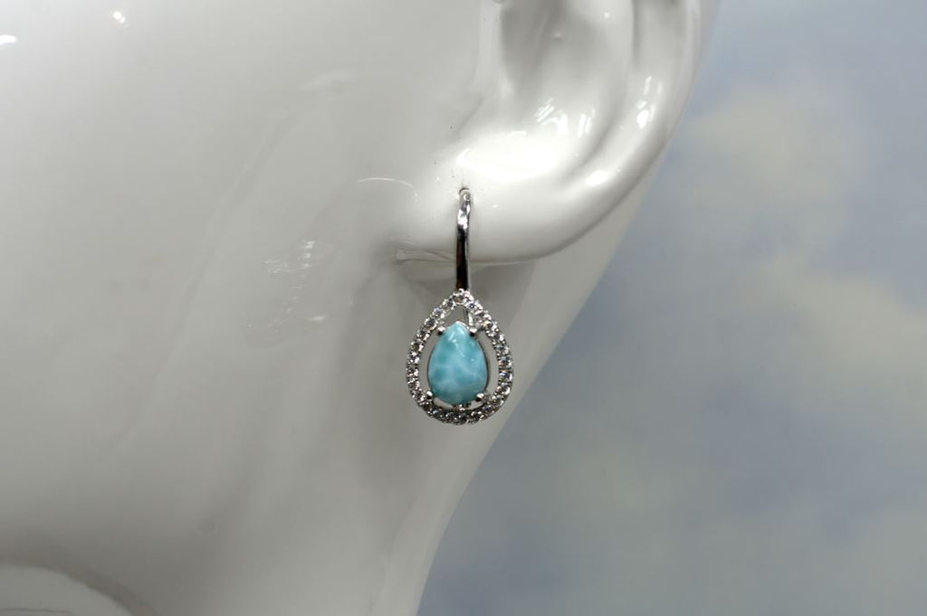 Larimar Pear Shaped Lever-back Earrings with White Sapphire Accents