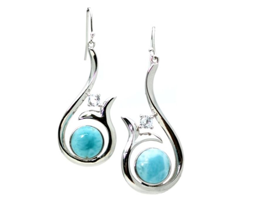 Larimar 10mm Whale Tail Earrings with 4mm White Sapphire