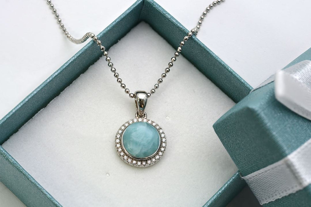 Larimar 8mm With White Sapphire Accents Pendant (Chain Included)