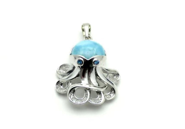 Larimar 10mm Octopus Pendant with White Sapphire