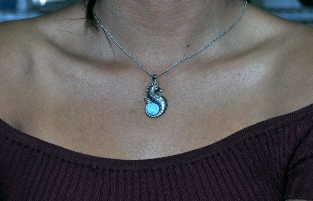 Larimar 10mm Seahorse Oxidized Sterling Silver